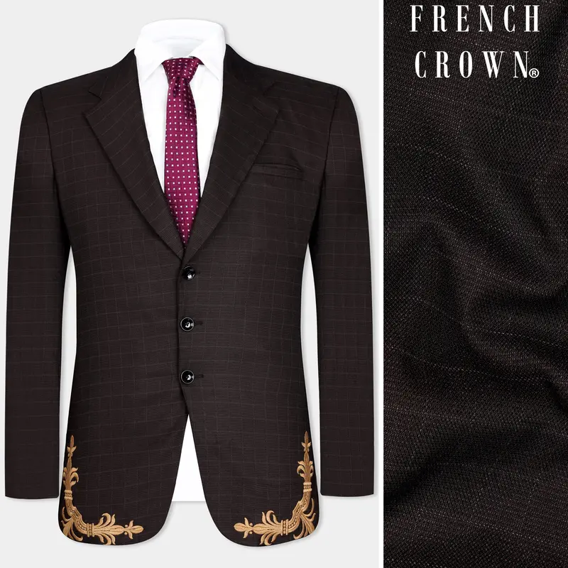 Gondola Brown Checkered And Embroidered Wool Rich Designer Blazer 1