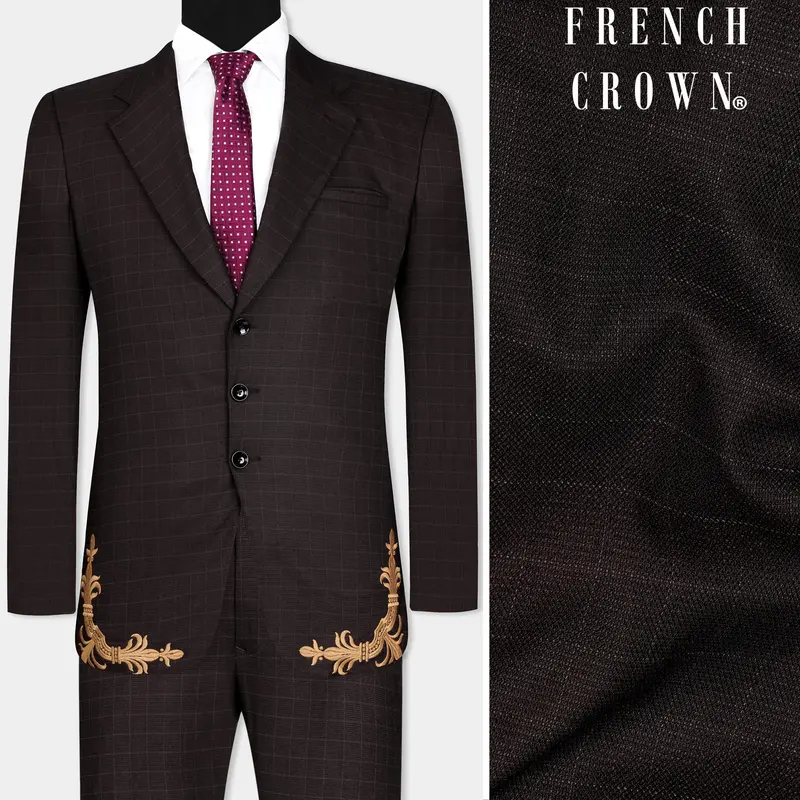 Gondola Brown Checkered And Embroidered Wool Rich Designer Suit 1