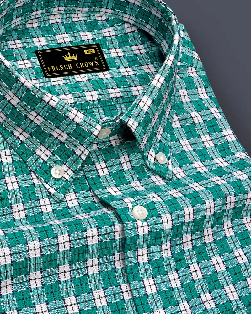 Gossamer Green And White Checkered Dobby Textured Premium Giza Cotton Shirt 1