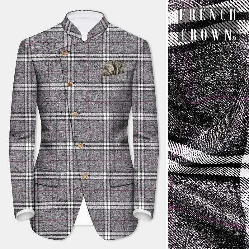 Granite Gray Plaid Wool Rich Cross Placket Bandhgala Blazer 1