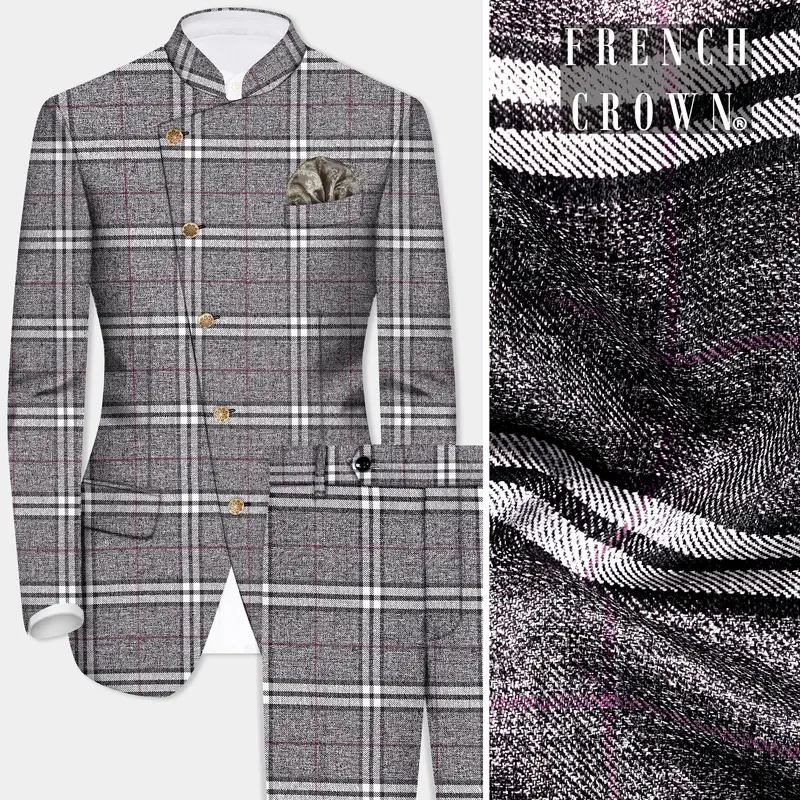 Granite Gray Plaid Wool Rich Cross Placket Bandhgala Suit 1