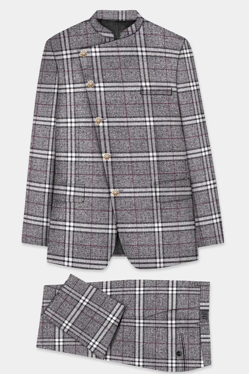 Granite Gray Plaid Wool Rich Cross Placket Bandhgala Suit 10