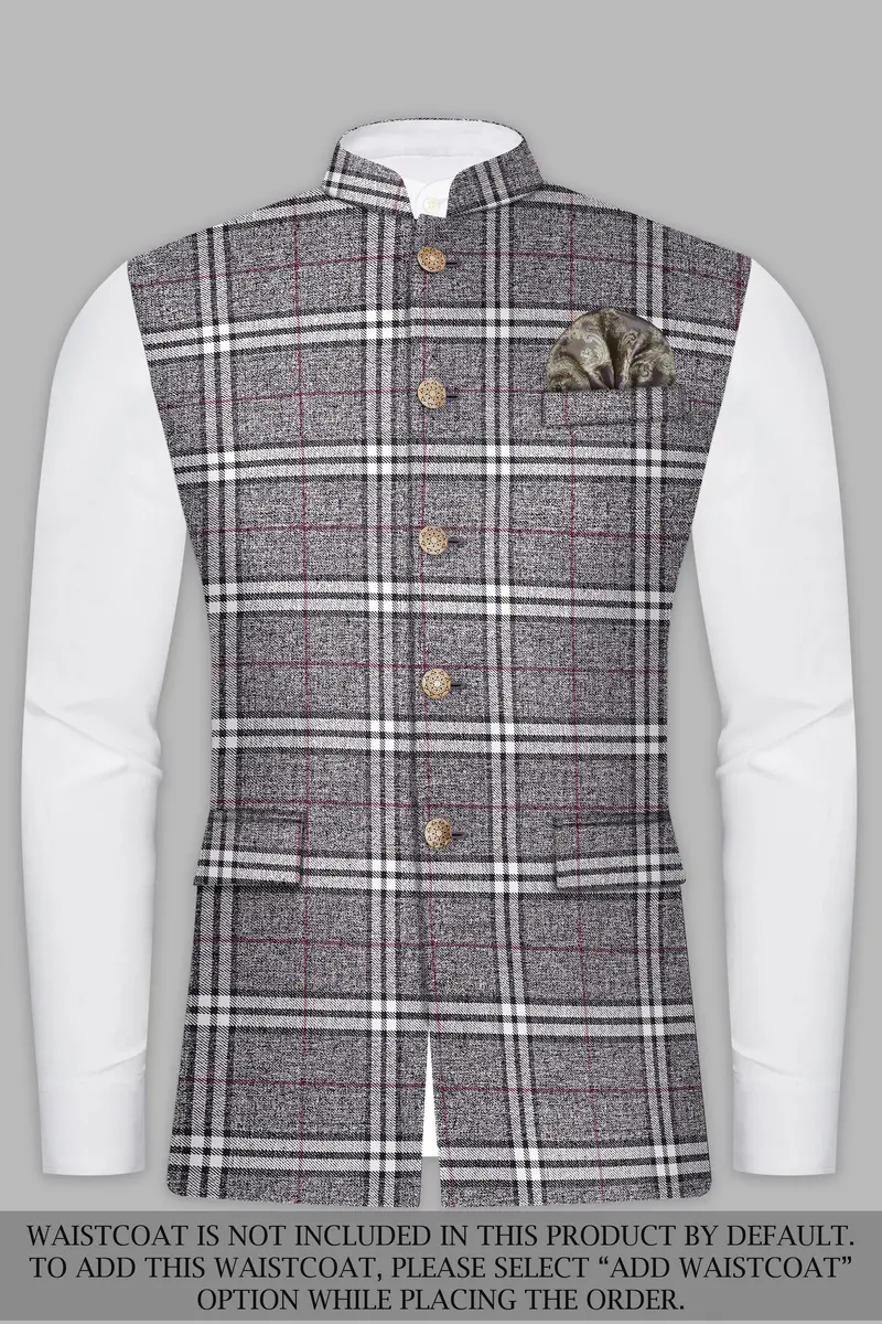 Granite Gray Plaid Wool Rich Cross Placket Bandhgala Suit 15