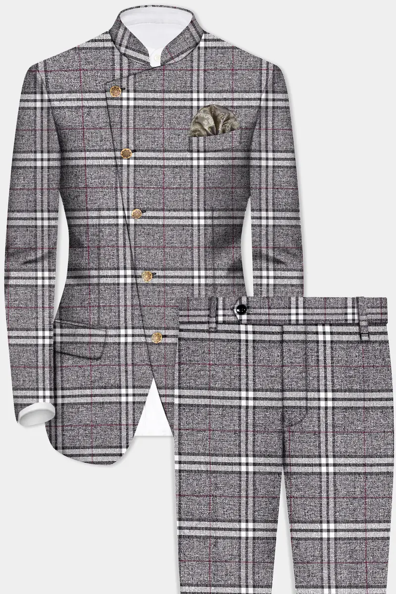 Granite Gray Plaid Wool Rich Cross Placket Bandhgala Suit 2