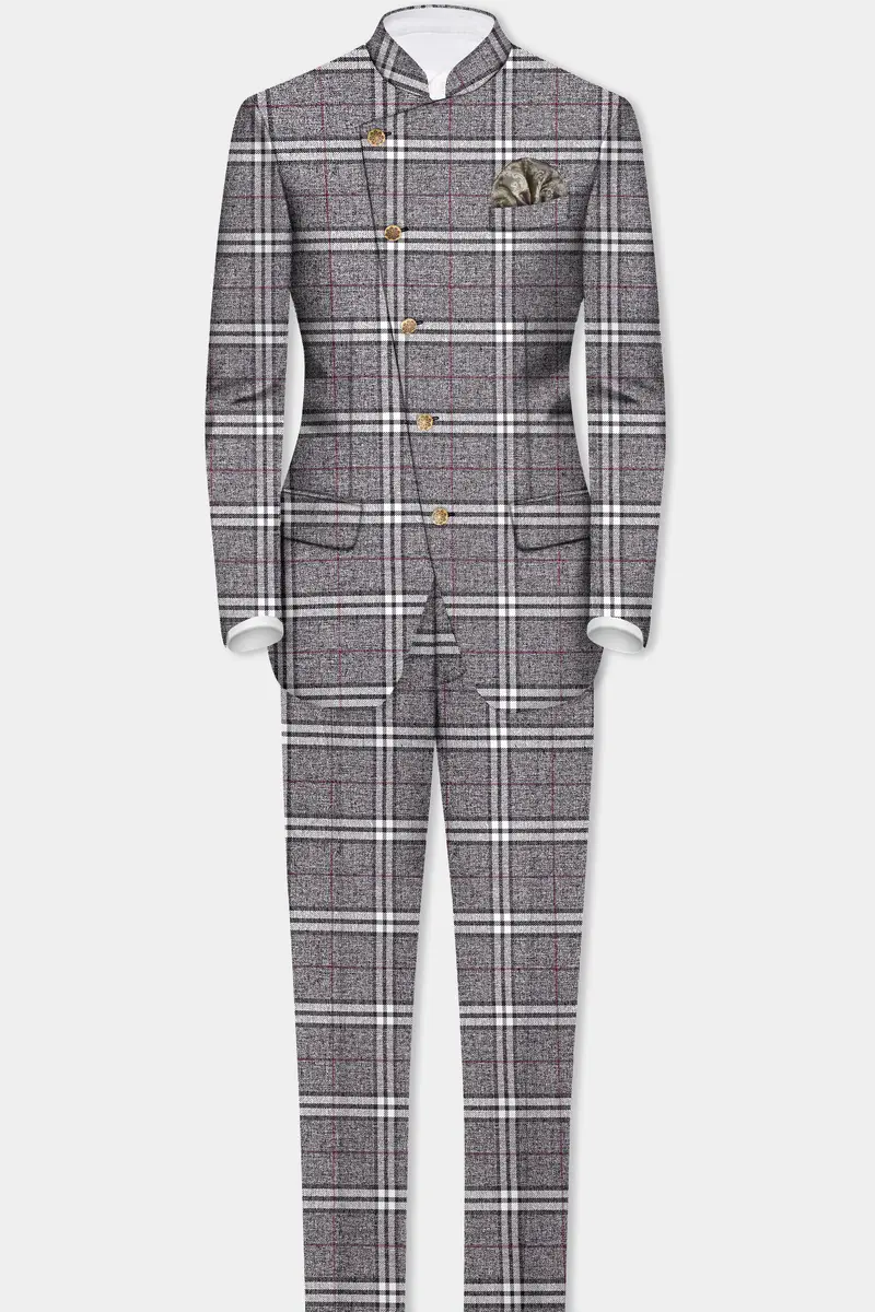 Granite Gray Plaid Wool Rich Cross Placket Bandhgala Suit 4