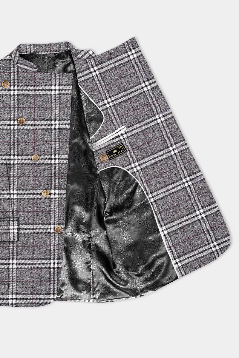 Granite Gray Plaid Wool Rich Cross Placket Bandhgala Suit 5