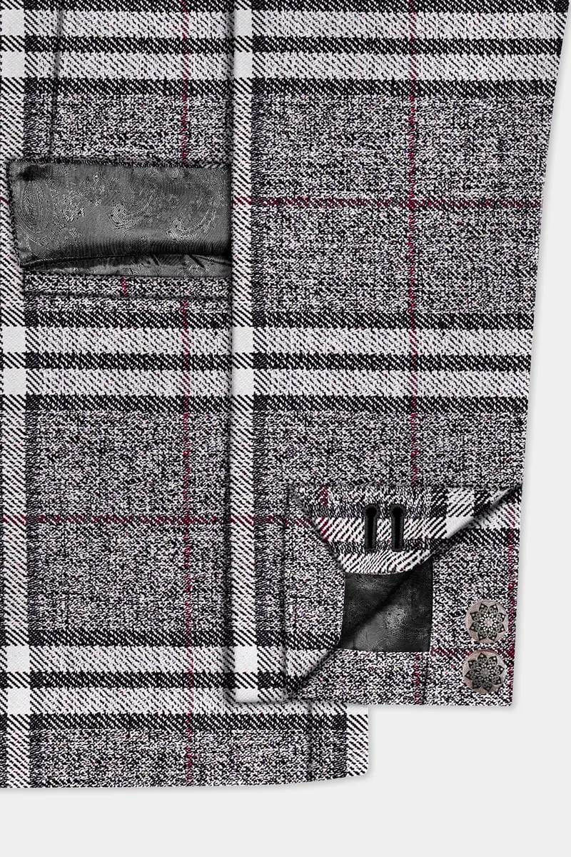 Granite Gray Plaid Wool Rich Cross Placket Bandhgala Suit 6