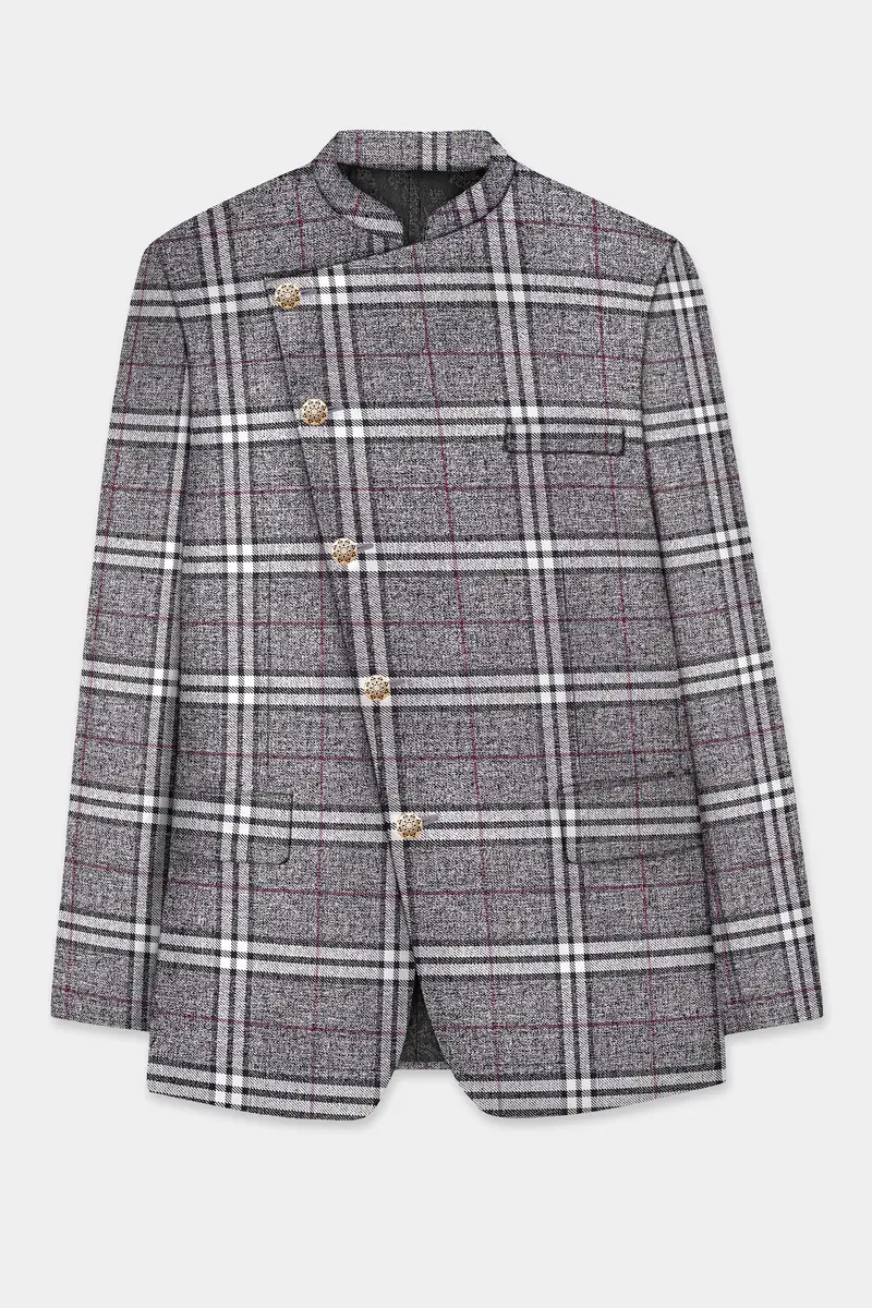 Granite Gray Plaid Wool Rich Cross Placket Bandhgala Suit 7