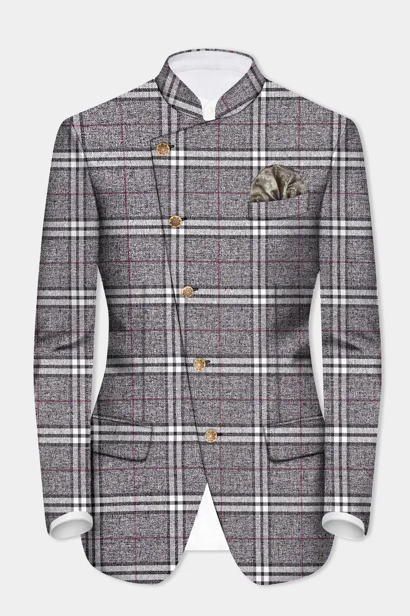Granite Gray Plaid Wool Rich Cross Placket Bandhgala Suit 9