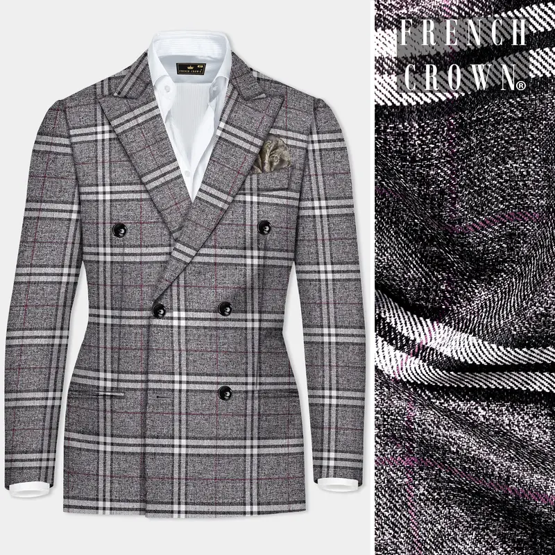 Granite Gray Plaid Wool Rich Double Breasted Blazer 1