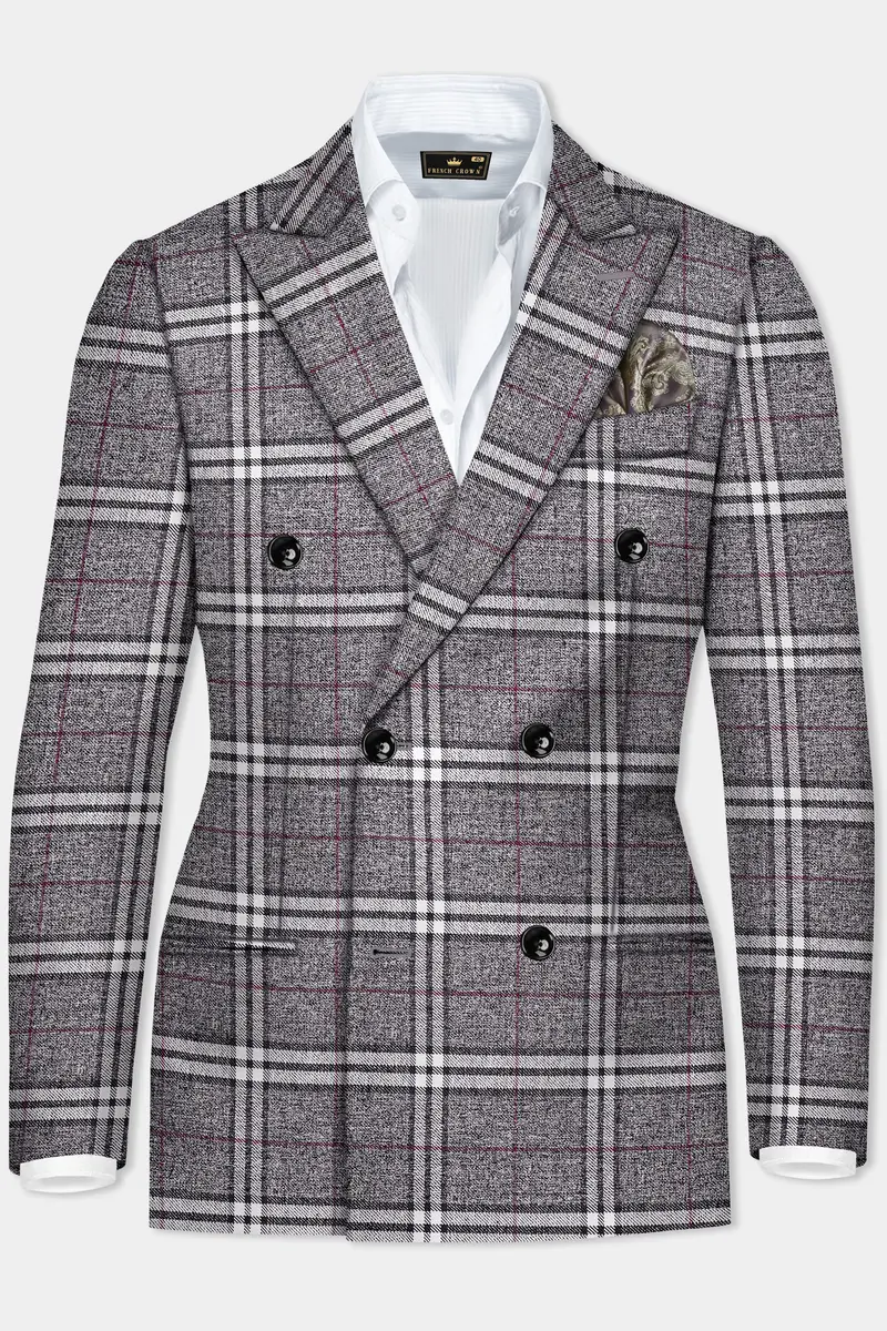 Granite Gray Plaid Wool Rich Double Breasted Blazer 2