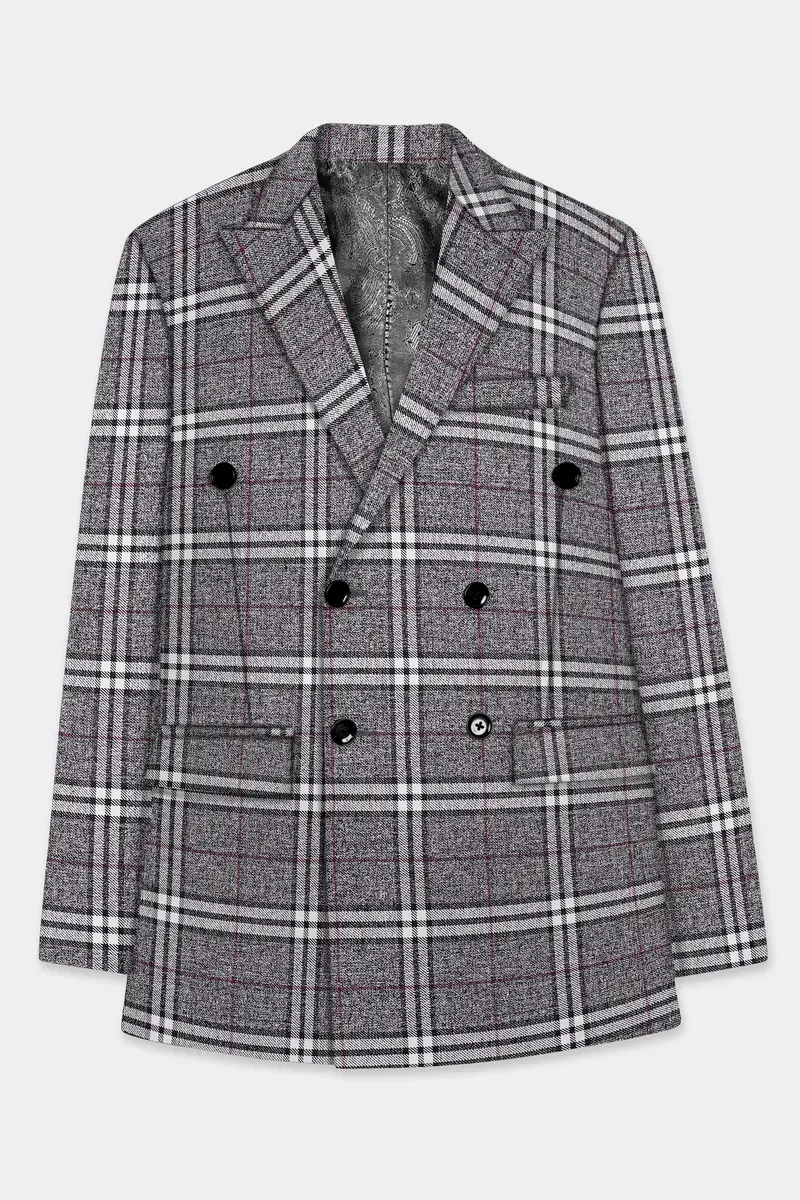 Granite Gray Plaid Wool Rich Double Breasted Blazer 7