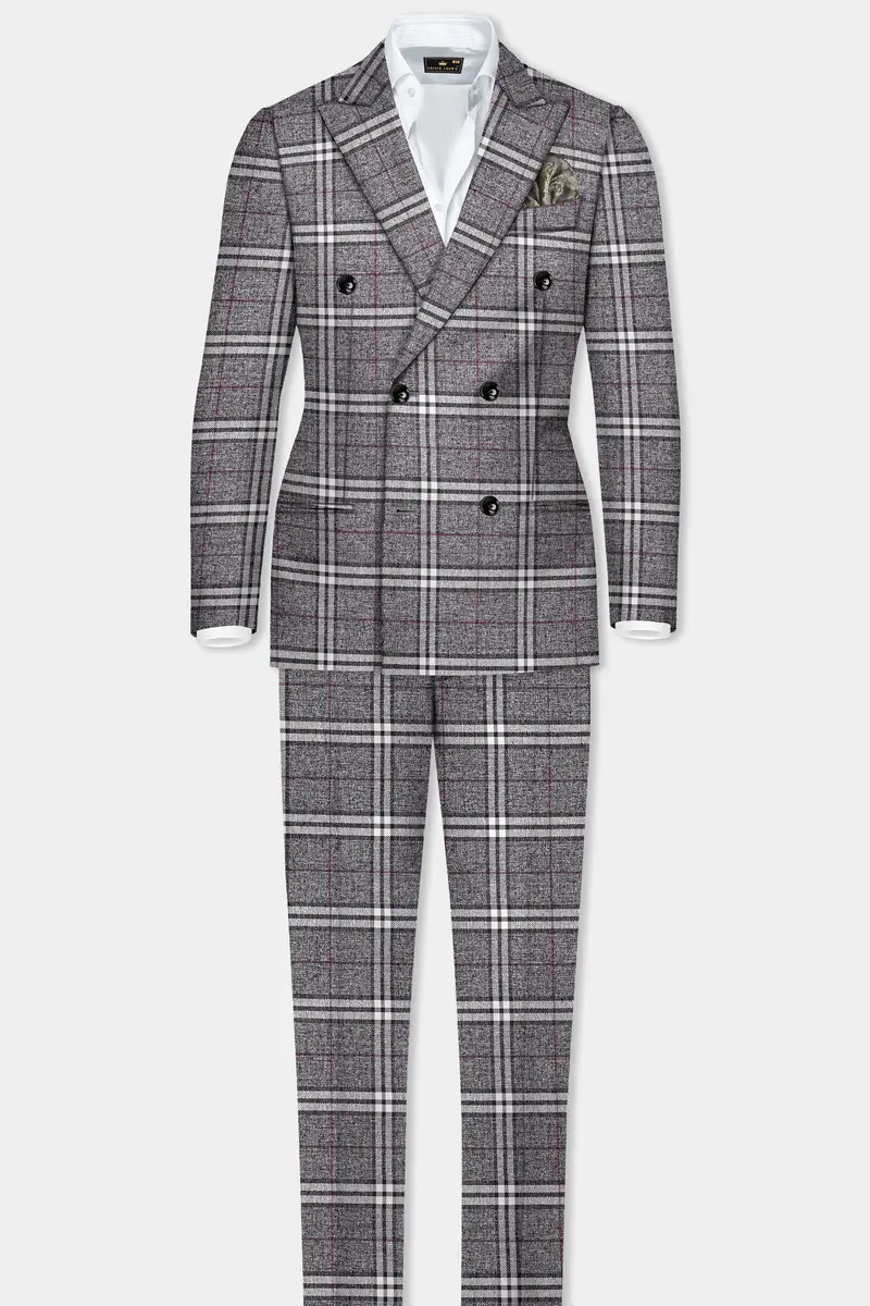 Granite Gray Plaid Wool Rich Double Breasted Blazer 9