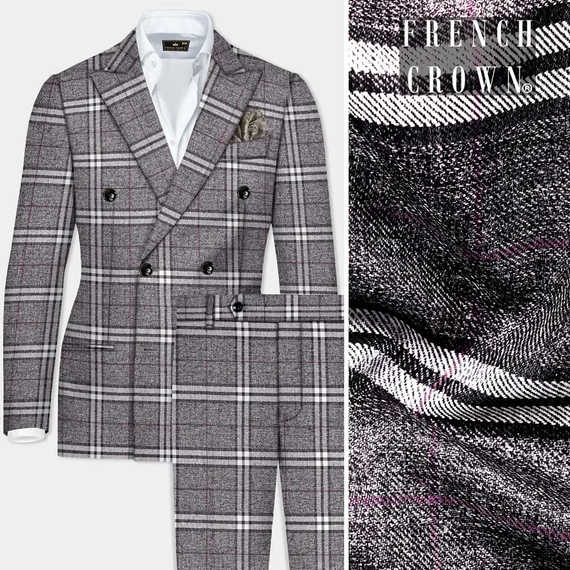 Granite Gray Plaid Wool Rich Double Breasted Suit 1