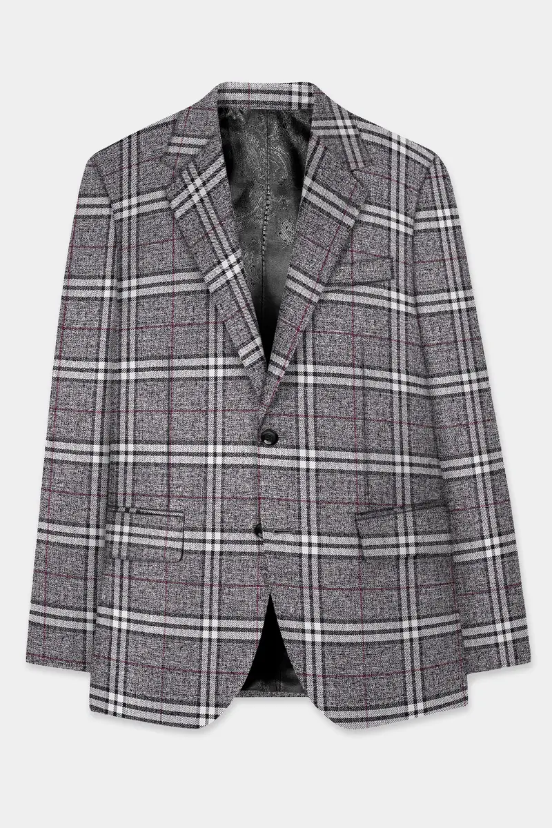 Granite Gray Plaid Wool Rich Single Breasted Blazer 7