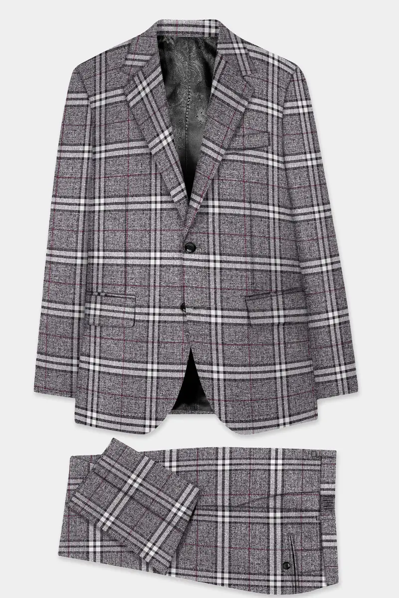 Granite Gray Plaid Wool Rich Single Breasted Suit 10