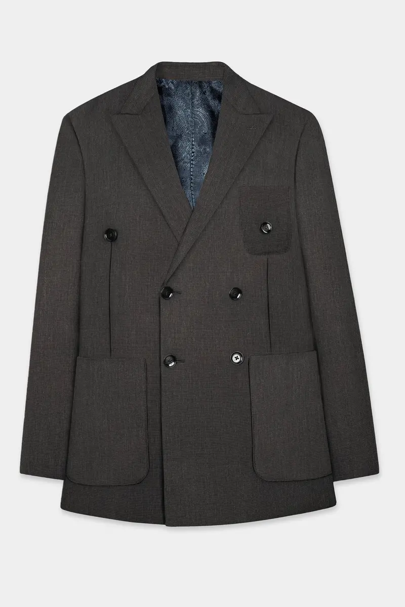Granite Grid-Piano Gray Houndstooth Textured Wool Rich Double Breasted Sports Blazer 7