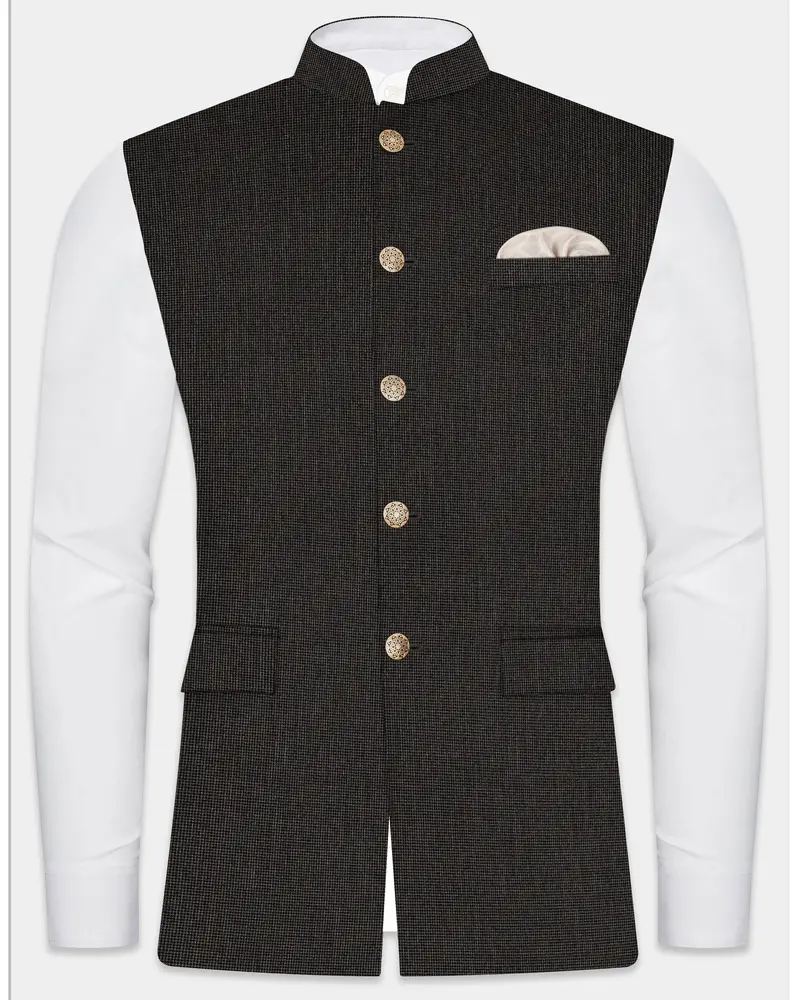 Granite Grid-Piano Gray Houndstooth Textured Wool Rich Nehru Jacket 1