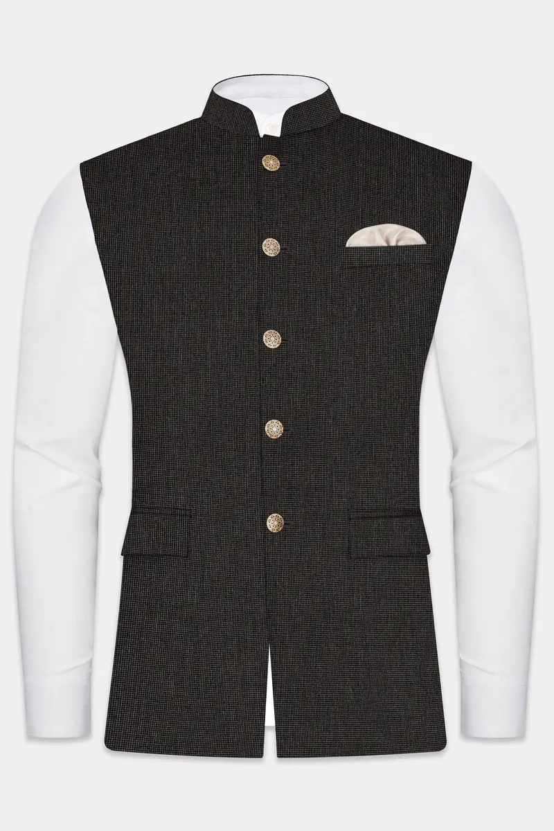 Granite Grid-Piano Gray Houndstooth Textured Wool Rich Nehru Jacket 2