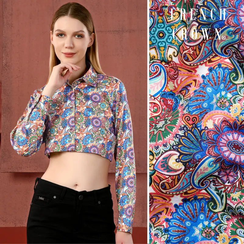 Grape Purple With Viridian Green Multicolour Paisley Printed Premium Cotton Crop Shirt 1