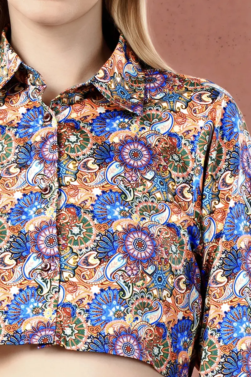 Grape Purple With Viridian Green Multicolour Paisley Printed Premium Cotton Crop Shirt 4
