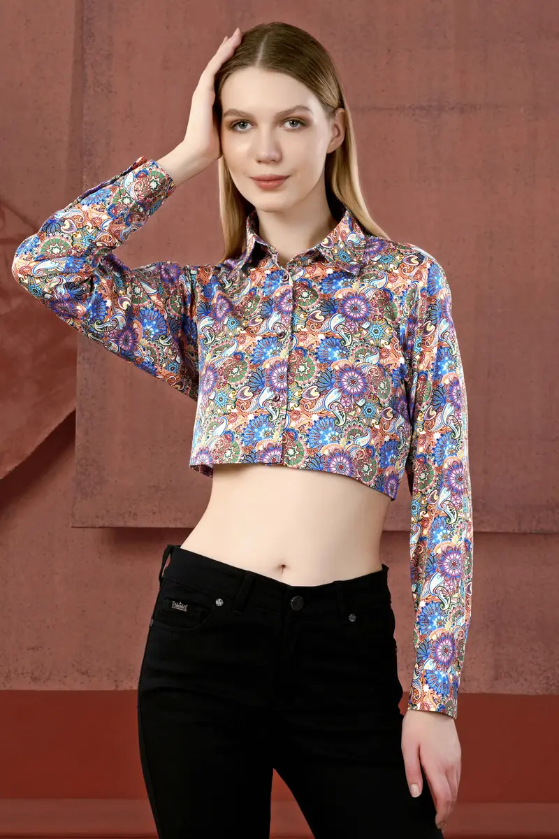 Grape Purple With Viridian Green Multicolour Paisley Printed Premium Cotton Crop Shirt 5