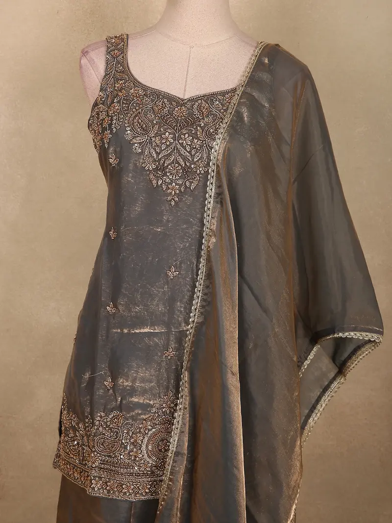Graphite Grey Sequins And Beads Embroidered Design Organza Palazzo Suit With Dupatta 2