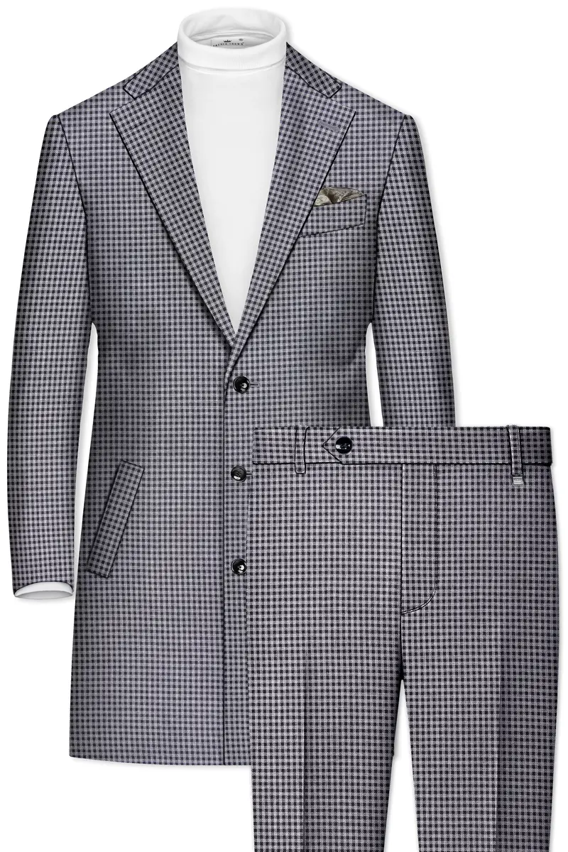 Graphite-Metallic Gray And Tuatara Gingham Plaid Tweed Single Breasted Overcoat With Pant 2