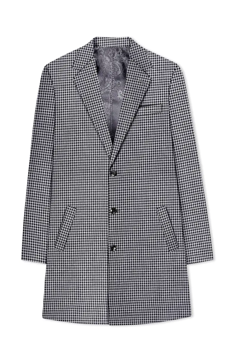 Graphite-Metallic Gray And Tuatara Gingham Plaid Tweed Single Breasted Overcoat With Pant 7