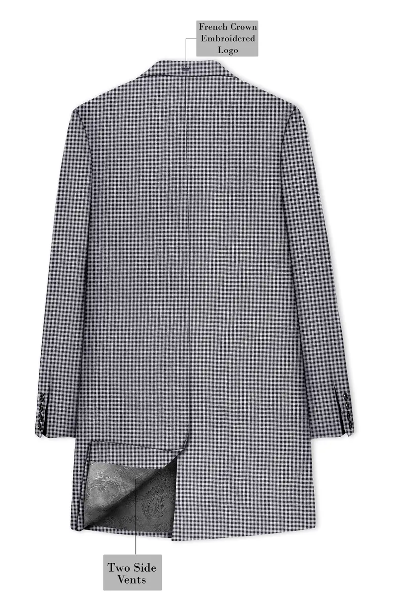 Graphite-Metallic Gray And Tuatara Gingham Plaid Tweed Single Breasted Overcoat With Pant 8