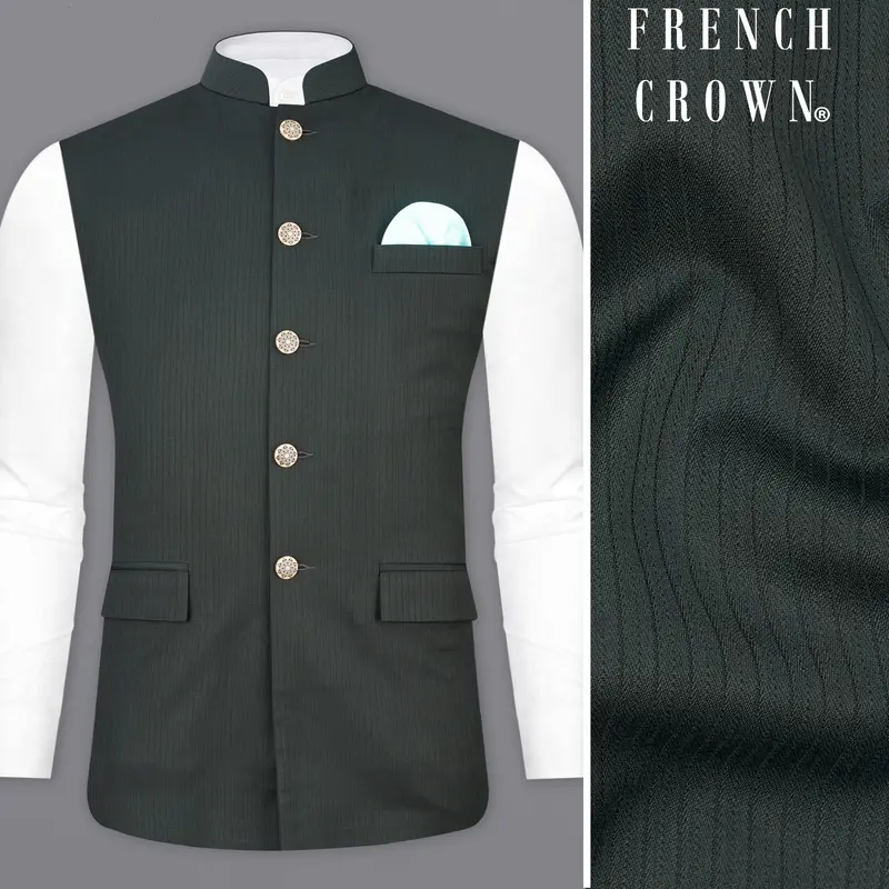 Gravel Dark Green Striped Designer Nehru Jacket 1