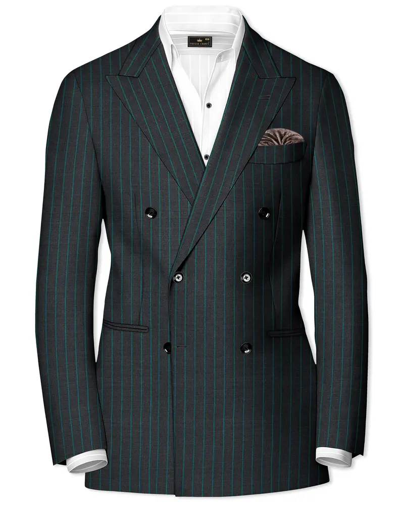 Gravel Gray And Lagoon Blue Striped Wool Rich Double Breasted Blazer 1