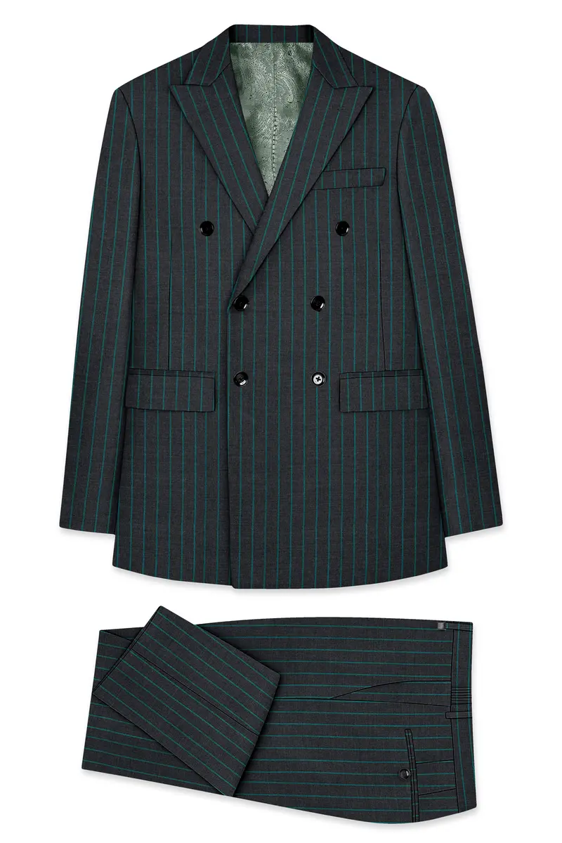 Gravel Gray And Lagoon Blue Striped Wool Rich Double Breasted Suit 11