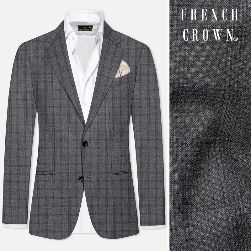 Gravel Gray Checked Wool Blend Single Breasted Blazer 1