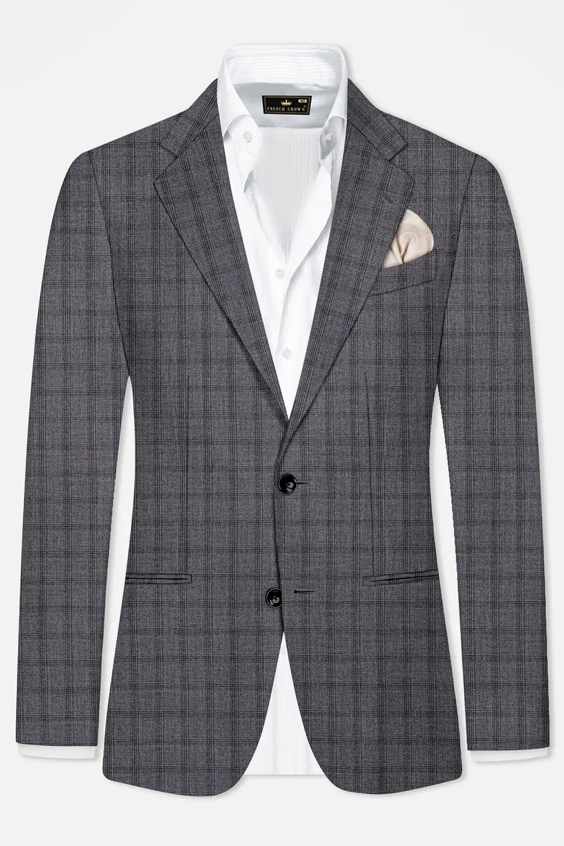 Gravel Gray Checked Wool Blend Single Breasted Blazer 2