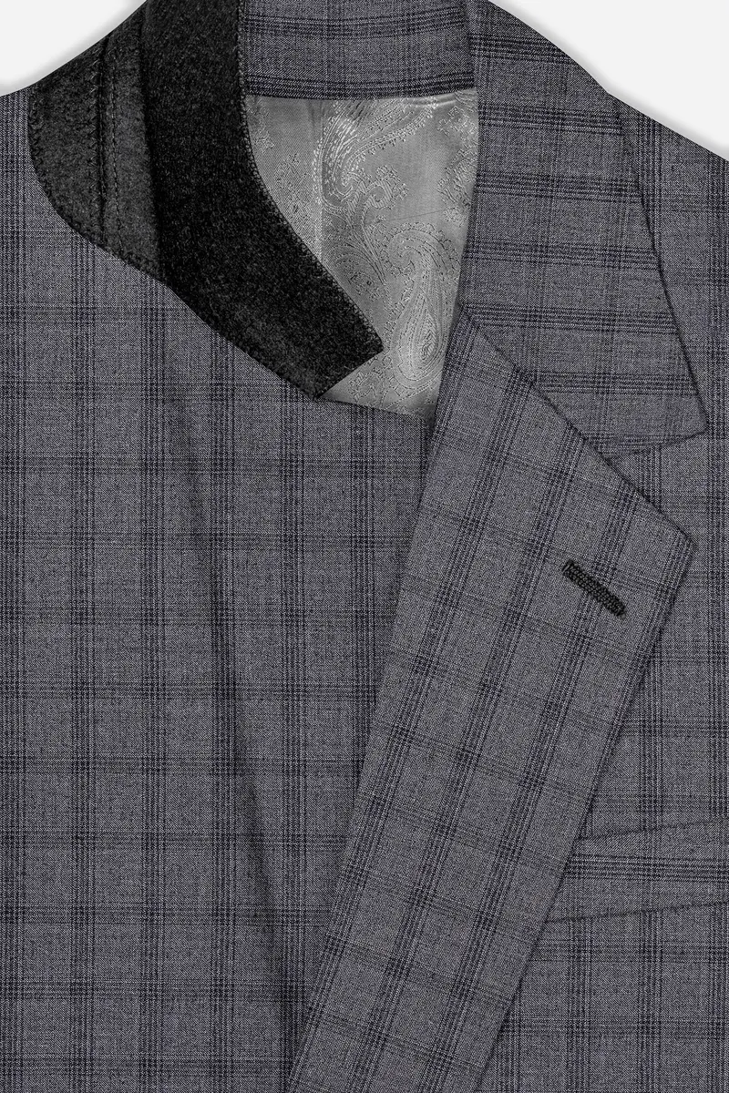Gravel Gray Checked Wool Blend Single Breasted Blazer 4