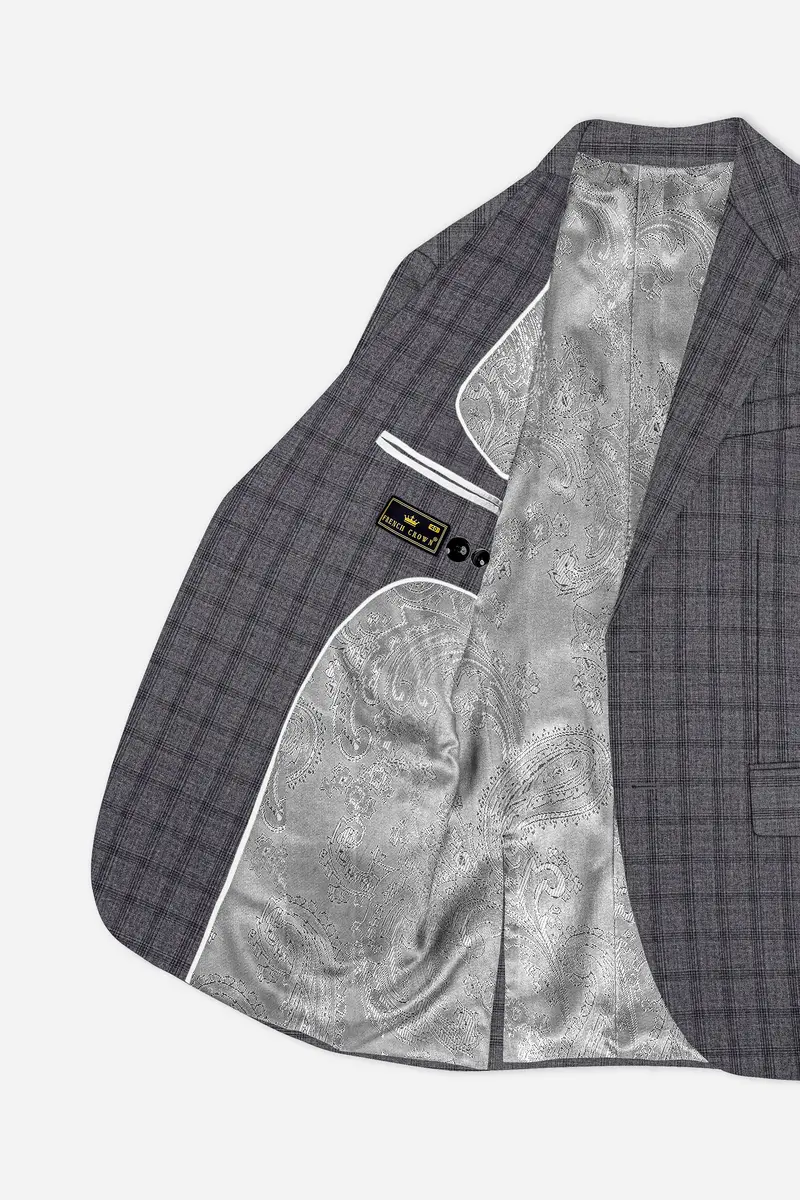 Gravel Gray Checked Wool Blend Single Breasted Blazer 5