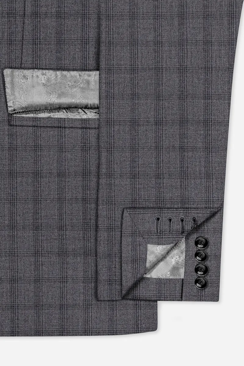 Gravel Gray Checked Wool Blend Single Breasted Blazer 6