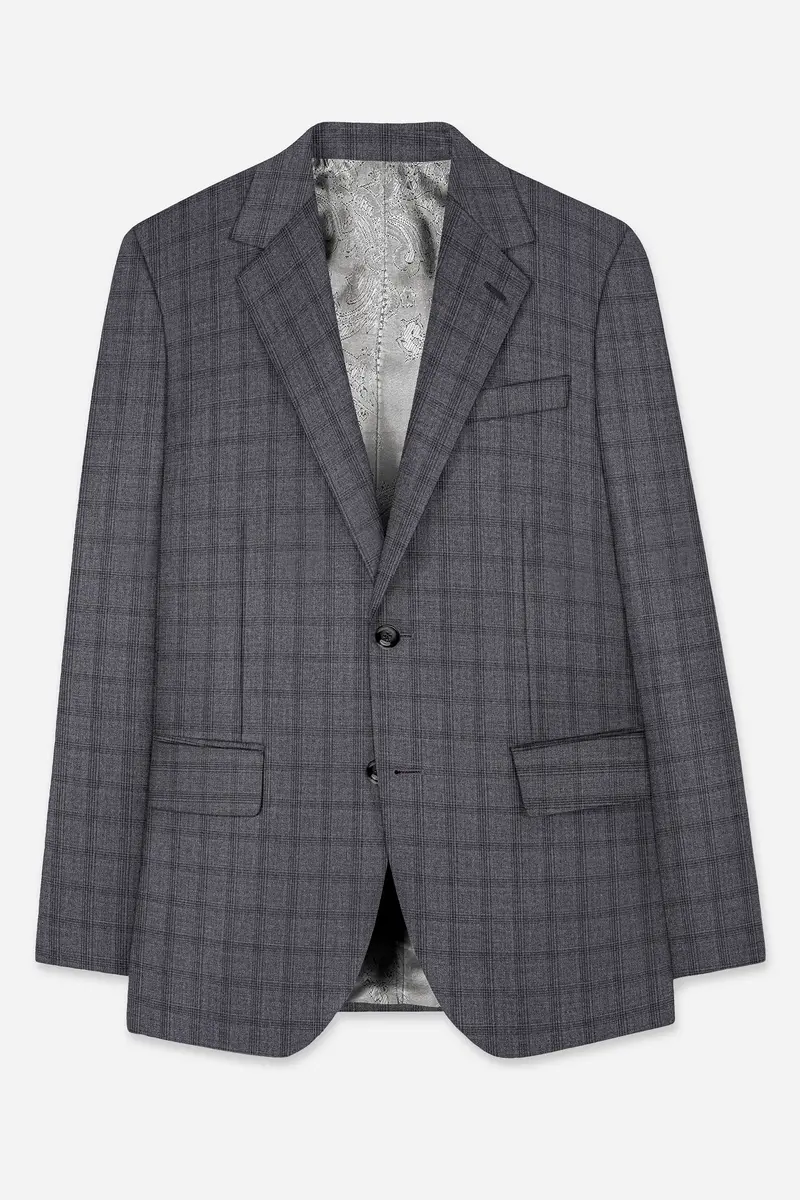 Gravel Gray Checked Wool Blend Single Breasted Blazer 7