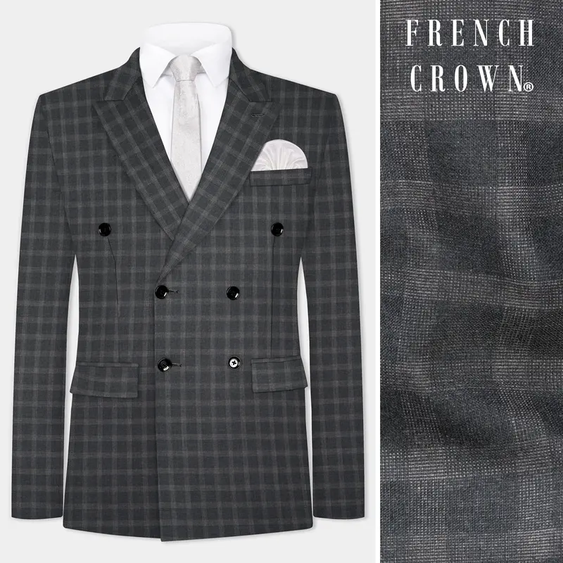 Gravel Gray Checkered Wool Blend Double Breasted Blazer 1