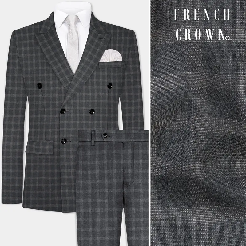 Gravel Gray Checkered Wool Blend Double Breasted Suit 1