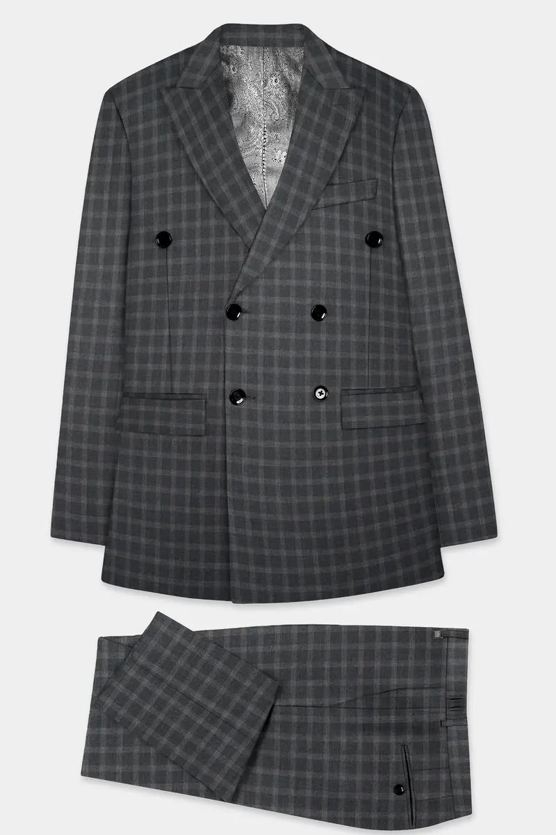Gravel Gray Checkered Wool Blend Double Breasted Suit 10