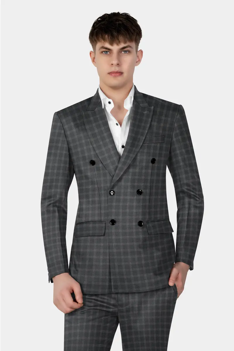 Gravel Gray Checkered Wool Blend Double Breasted Suit 18