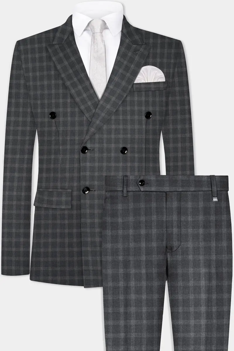 Gravel Gray Checkered Wool Blend Double Breasted Suit 2