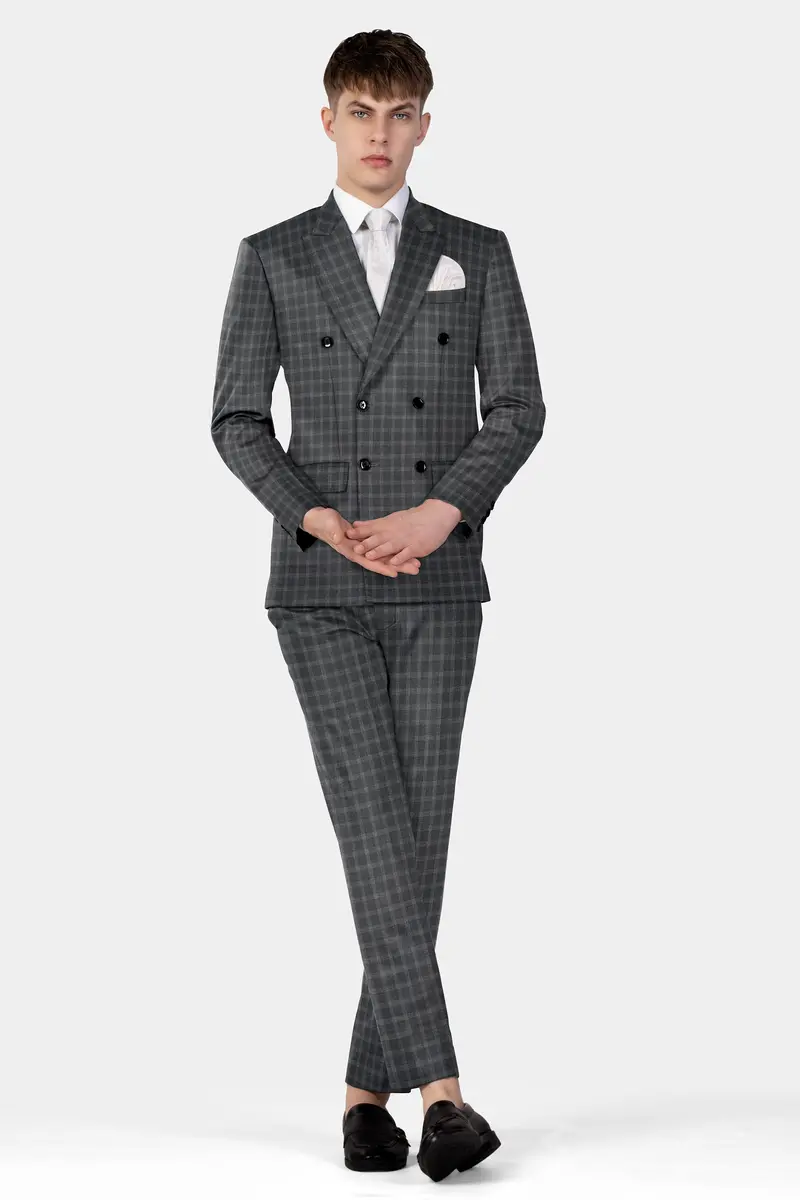 Gravel Gray Checkered Wool Blend Double Breasted Suit 20