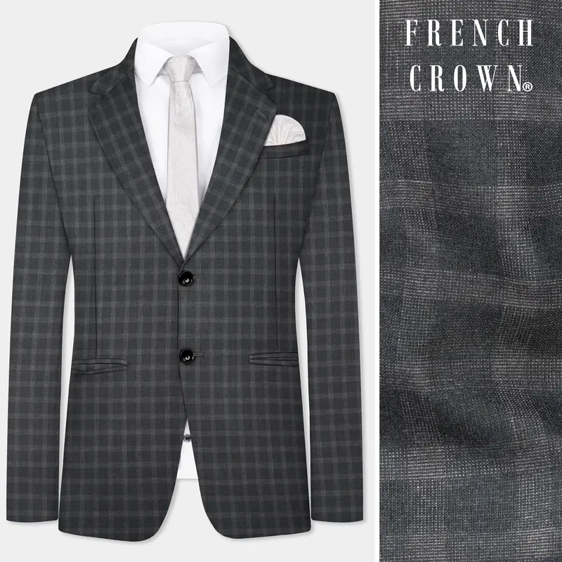 Gravel Gray Checkered Wool Blend Single Breasted Blazer 1