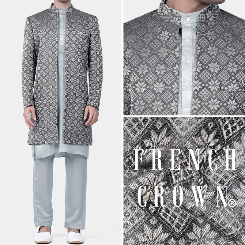 Gravel Gray Jacquard Party Wear Indo-Western 1