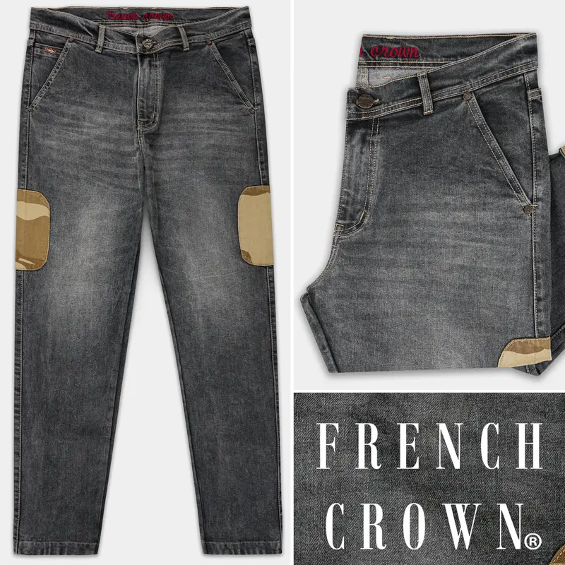 Gravel Gray With Designer Patch Work Whiskering Stretchable Denim 1