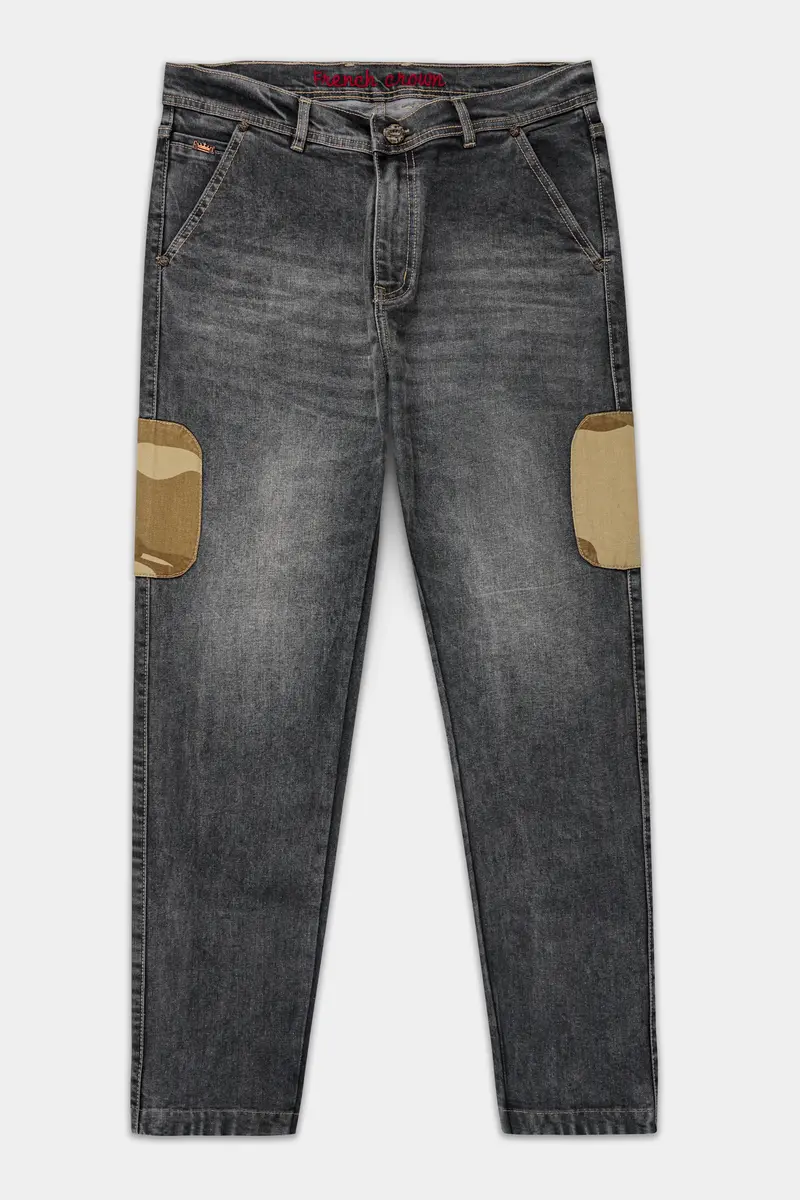 Gravel Gray With Designer Patch Work Whiskering Stretchable Denim 2