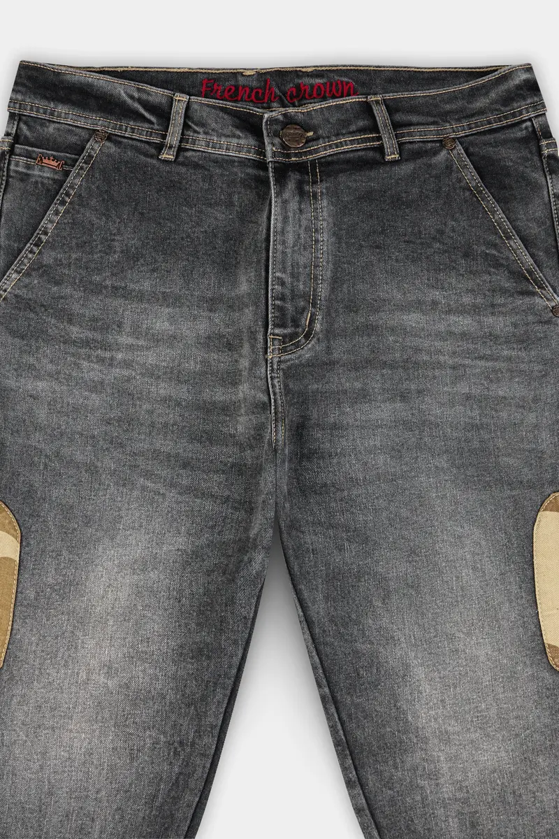 Gravel Gray With Designer Patch Work Whiskering Stretchable Denim 4